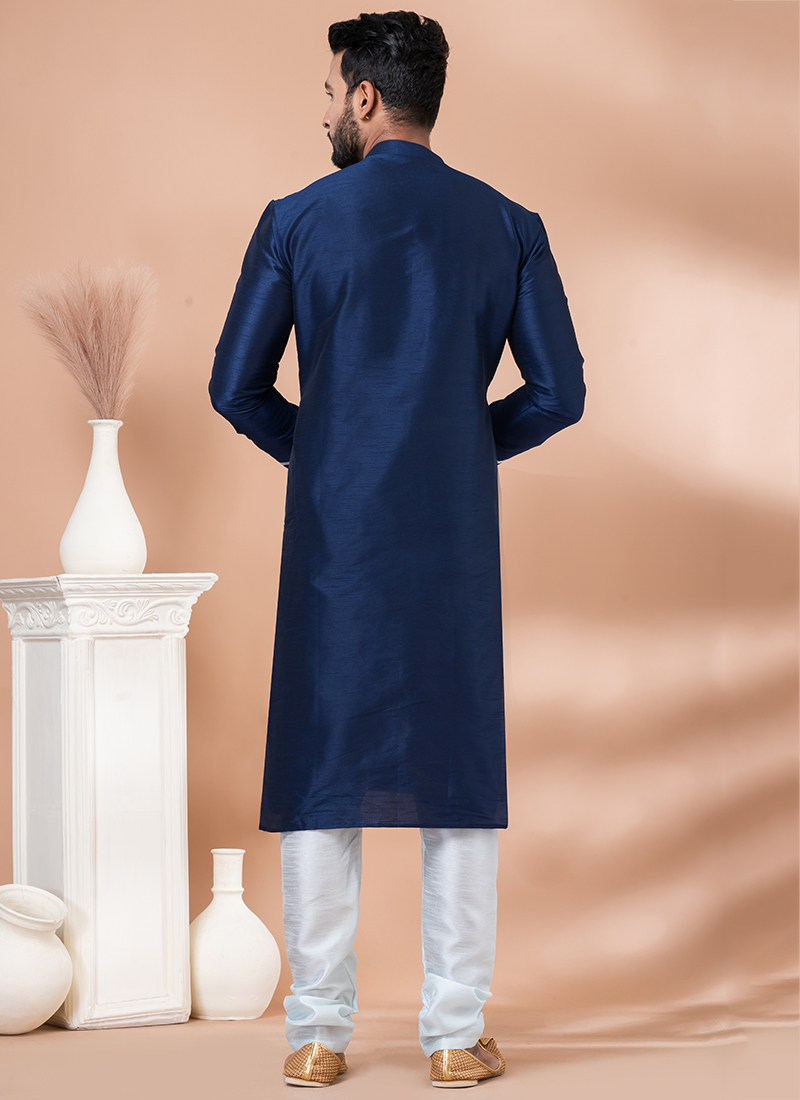 Navy Blue Kurta Pajama Printed Dhupion Silk main image 0